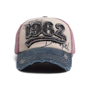 Vintage 1962 washed cotton baseball cap with distressed brim and color block design