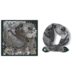 Green leopard print twill scarf with artistic wild cat patterns and Paris branding