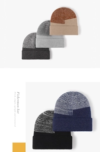 Detailed flat lay of color-blocked knitted fisherman hats in multiple stylish winter tones