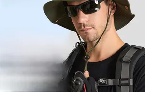 Detail of army green sun hat with adjustable windproof drawstring for outdoor hiking