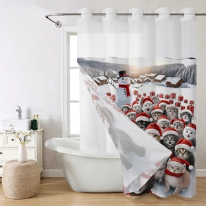 Detail of Christmas shower curtain with cat and snowman print on waterproof fabric