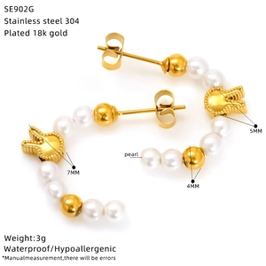 Detail showing 18k gold plated stainless steel C-shape pearl earrings with dimensions
