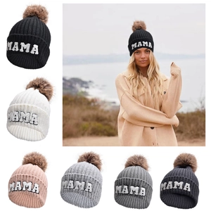 Berretto In Maglia Con Ricamo Mama Mini Papa E Pompon In Pelliccia Sintetica Cappello Invernale Caldo Per Famiglia