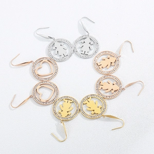 Fashionable round drop earrings with heart and girl patterns in gold and silver finish