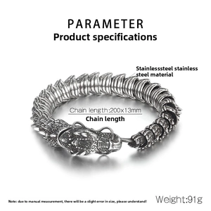 Detailed view of punk dragon bone bracelet showing 200x13mm size and stainless steel specs