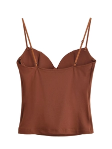 Detailed flat lay of brown slim-fit camisole top with thin straps on white background