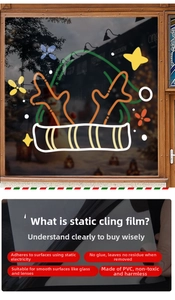 Close-up of PVC static window cling showing reindeer antlers and snowflake patterns