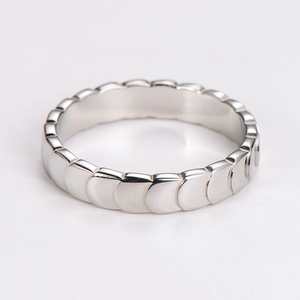 Close-up of silver stainless steel ring with textured mermaid scale design and high polish
