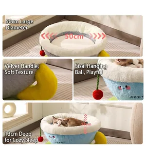 Lettino per gatti a forma di tazza da 50 cm, blu e beige, con palla in sisal e peluche