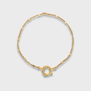 Detail of gold titanium steel link bracelet featuring a large round sailor clasp closure