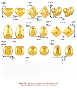 Detailed size chart for nine gold titanium steel earrings in various geometric shapes