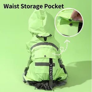 Waterproof green hooded pet raincoat with reflective strips and waist storage pocket