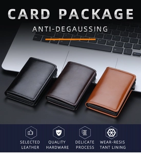 Three premium leather RFID card holders in black and brown colors with anti-degaussing feature