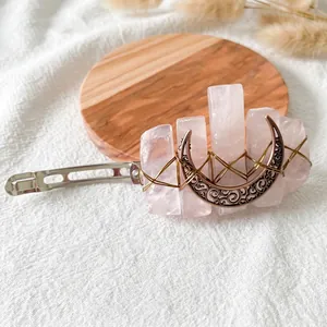 Handmade rose quartz moon hair clip with natural raw stones and copper wire wrapping