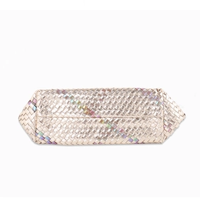 Detailed bottom view of a gold woven tote bag with iridescent finish and rectangle shape