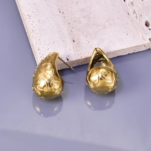 French vintage style 18K gold plated heart embossed stainless steel teardrop earrings
