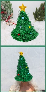Detail of green tinsel Christmas tree hat with gold star and colorful pom-poms decor