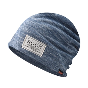 Navy heather knit beanie with ROCK patch and red SPORT label on a white background