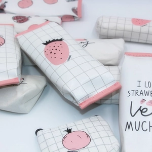 Cute PU leather large capacity pencil case with strawberry and pomegranate prints