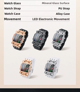 Detail display of binary LED watches in multiple colors with alloy case and PU strap