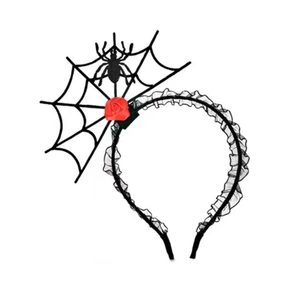 Halloween hoofdband met zwart spinnenweb, een rode roos en kanten details