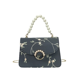 Deep grey canvas bag with floral embroidery, pearl handle, and gold chain strap