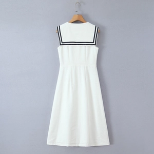 White sleeveless dress with French retro sailor collar and black stripes on back