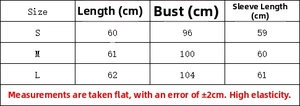Detailed size chart for the lapel knit cardigan with measurements for S, M, and L sizes
