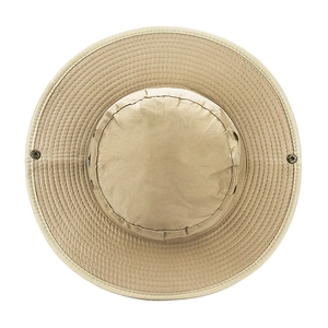 Khaki wide brim outdoor sun hat for hiking and fishing viewed from above