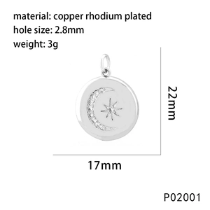 Detail view of silver rhodium plated moon and star pendant with 17mm x 22mm dimensions