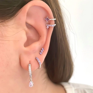 Elegant S925 silver stud earrings set featuring purple zircon and teardrop pendants