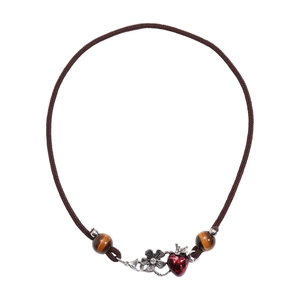 Vintage necklace with tiger eye beads, strawberry and silver flower pendant on brown cord