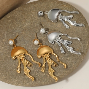 Jellyfish Dangle Earrings Stainless Steel With Artificial Pearl PVD Gold Plated Ocean Series High-End Jewelry For Women