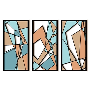 Three-piece modern abstract geometric wood wall art set with 3D layers in beige and blue