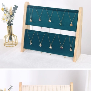 Detailed close-up of dark green and beige velvet 2-tier necklace display stands