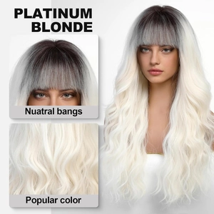 Platinum blonde long wavy wig with natural bangs and dark roots for a stylish look