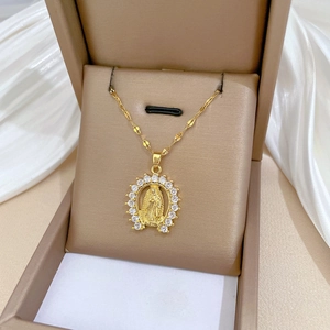 Gold titanium steel necklace with Virgin Mary pendant and sparkling zircon stones