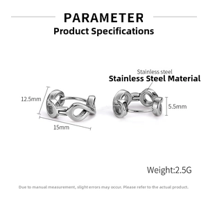 Detailed parameter chart showing dimensions and weight of stainless steel infinity earrings
