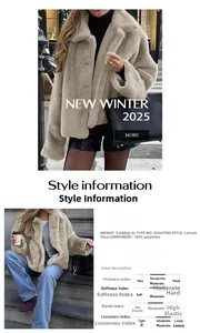 Size chart and details of beige faux fur coat with oversized collar for women