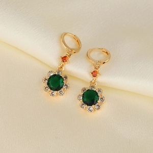 Vintage Flower Dangle Earrings For Women 18K Gold Plated Copper Micro Pave Zirconia Green Crystal Sunflower Drop Earrings