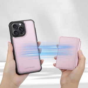 Detail showing the strong magnetic attachment between the pink leather case and card holder