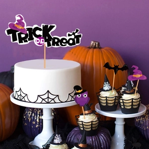 Halloween cake toppers set with Trick or Treat banners and bats for party decorations