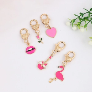 Pink enamel heart lobster clasp charms set with rose flamingo and guitar for DIY bags