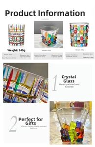 Detail of hand-painted crystal whiskey glass with colorful geometric lines and patterns
