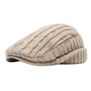 Chic beige cable knit beret hat for winter warmth with thick textured lining