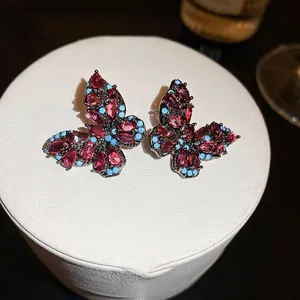 Vintage Butterfly Stud Earrings With Zircon Copper And 925 Sterling Silver Earring Post Elegant Korean Jewelry For Women
