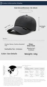 Size chart for cotton baseball cap showing 7.5cm brim depth and 56-60cm head circumference