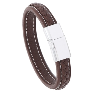 Brown woven leather bracelet with silver magnetic clasp and white stitching detail