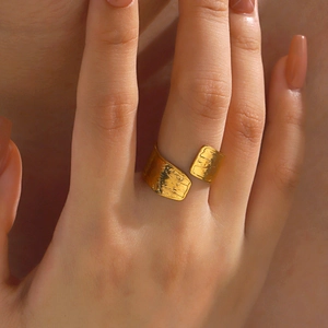 Hammered texture gold open ring with geometric wide band design for a modern trendy look