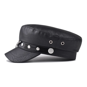 Classic black PU leather military cap with textured grain and silver metal button detail